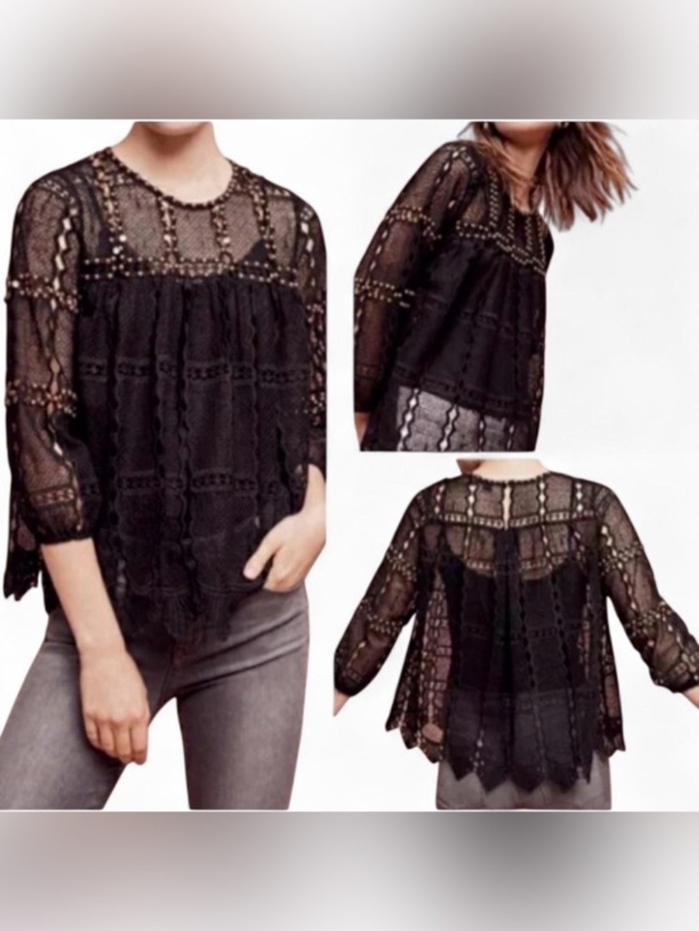 Anthropologie Maeve Auralis Black Lace Studded Boho Blouse Top Size S Goth 🖤
